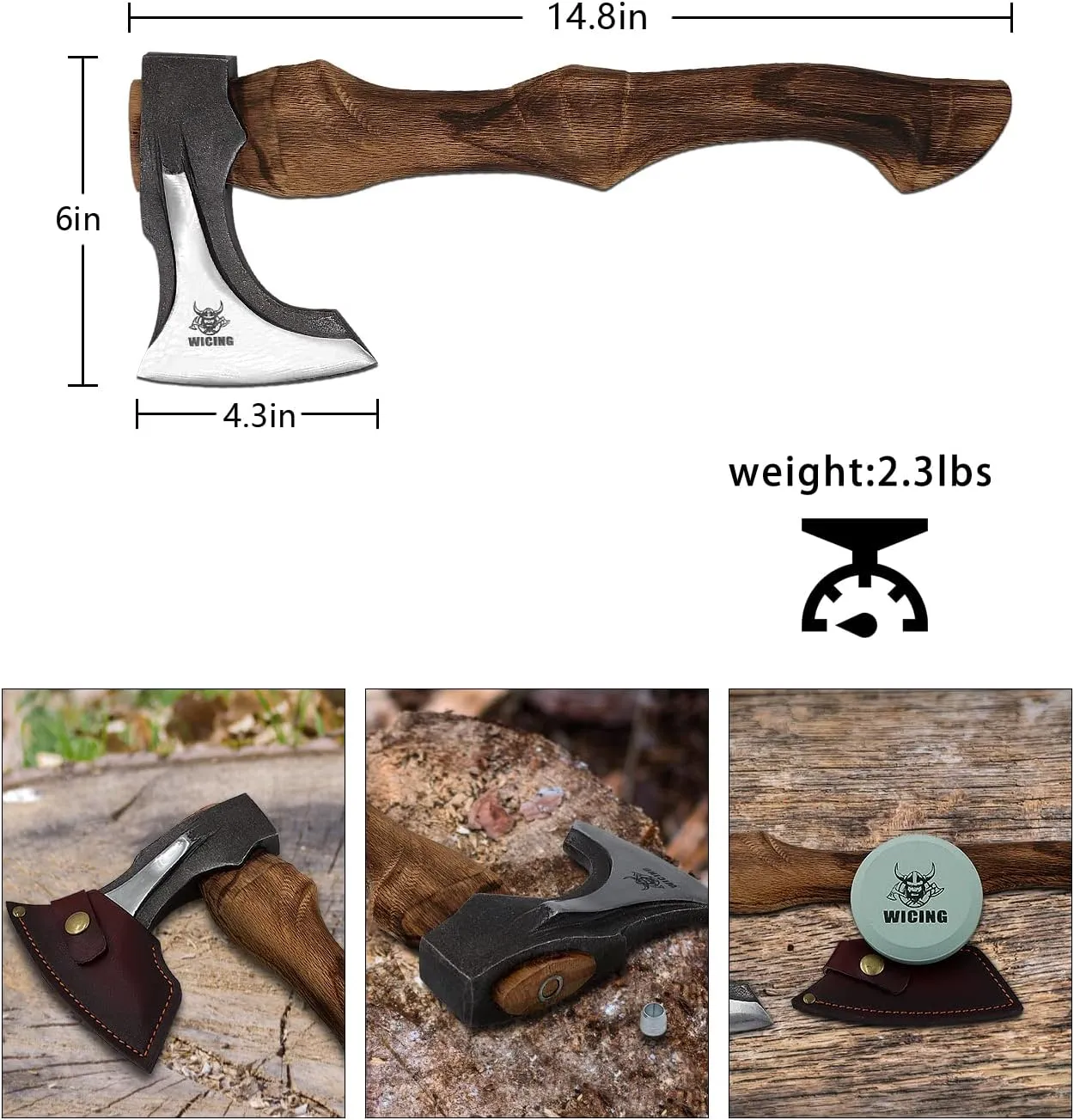 Splitting Axe, 14.8 - inch Camping Hatchet with Leather Sheath, Chopping Axe 1055 High Carbon Steel and Beech Wooden Handle