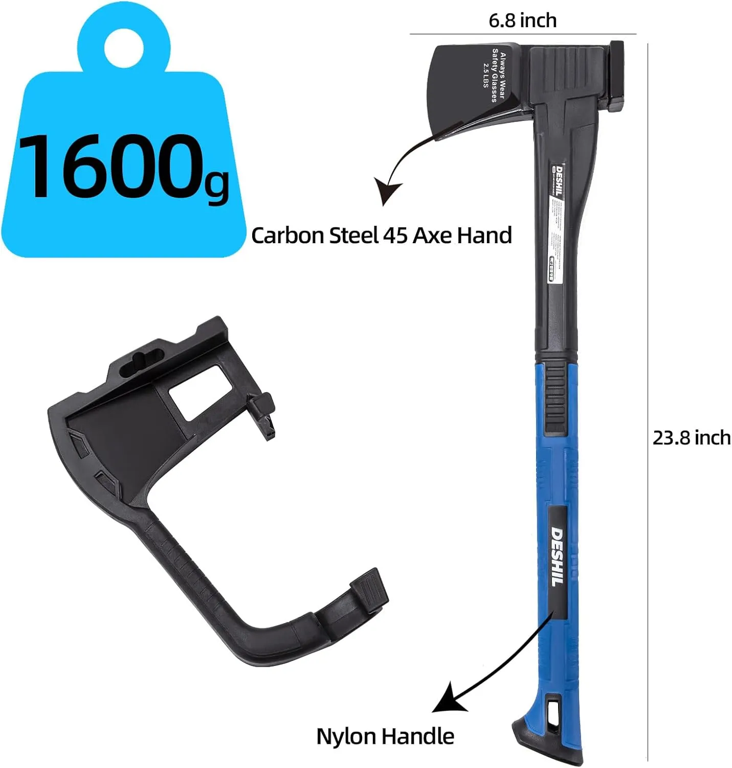 Splitting Axe, 24” 2.5 lbs Outdoor Hatchet Forged Carbon Steel Heat Treated Hand Maul Tool, Nylon Shock Reduction Handle with Anti-Slip Grip, Camping, Survival Tool, Chopping, Kindling