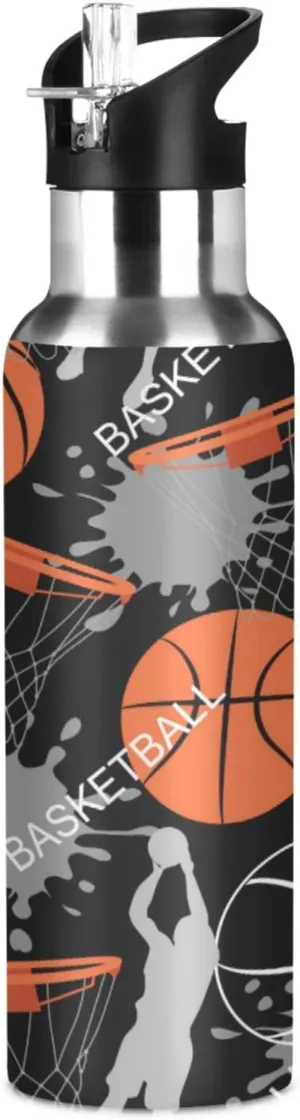 Sport Ball Basketball Player Sport Water Bottle with Straw, Vacuum Insulated Stainless Steel Thermal Flask Leakproof BPA Free Drinking Bottle for Gym Fitness Camping-20oz/600ml