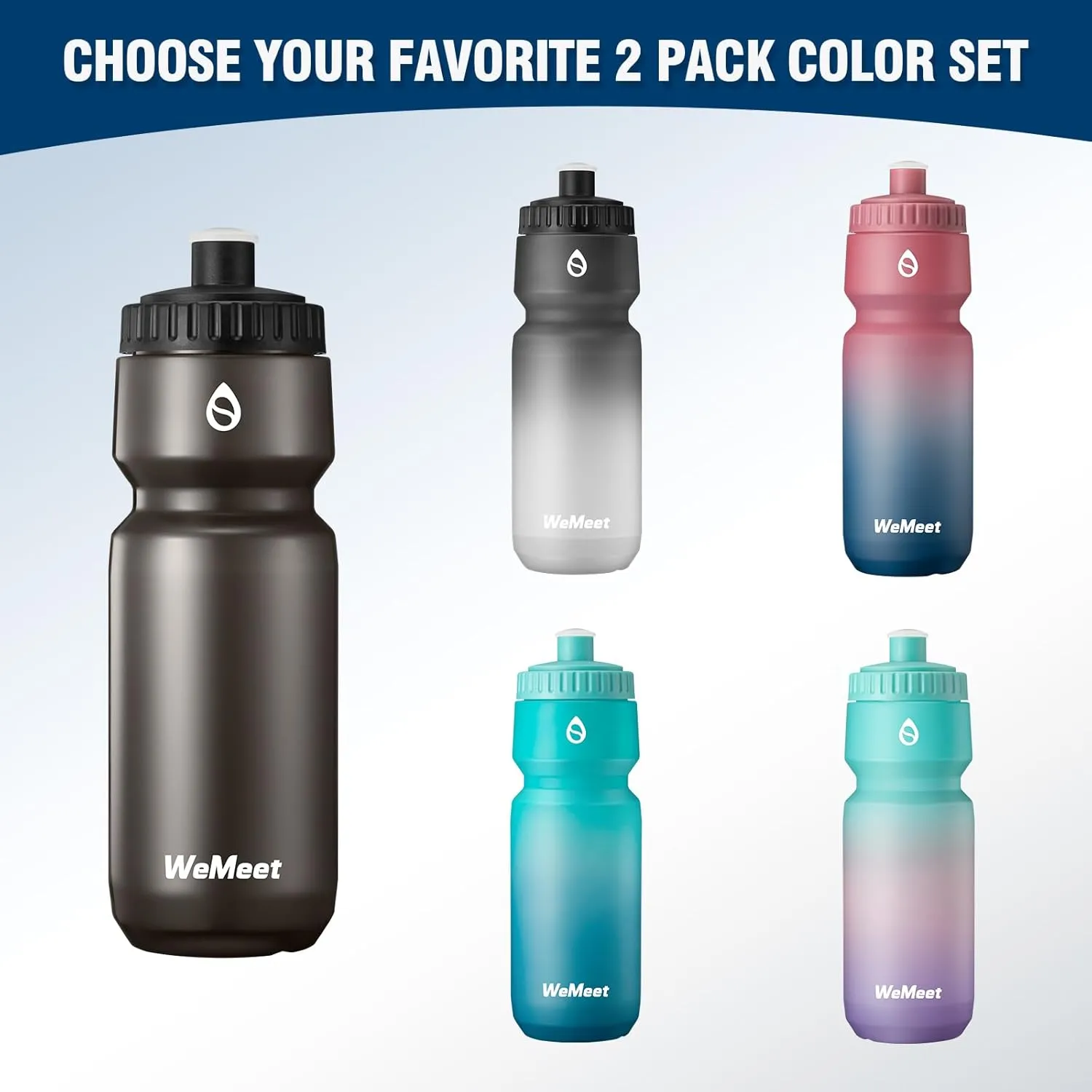 Sport Squeeze Water Bottle with Capacity Scale, 32oz Bike Water Bottle with Bite Valve, for Cycling, Running, Fitness (Black & Red Blue, 2-Pack)