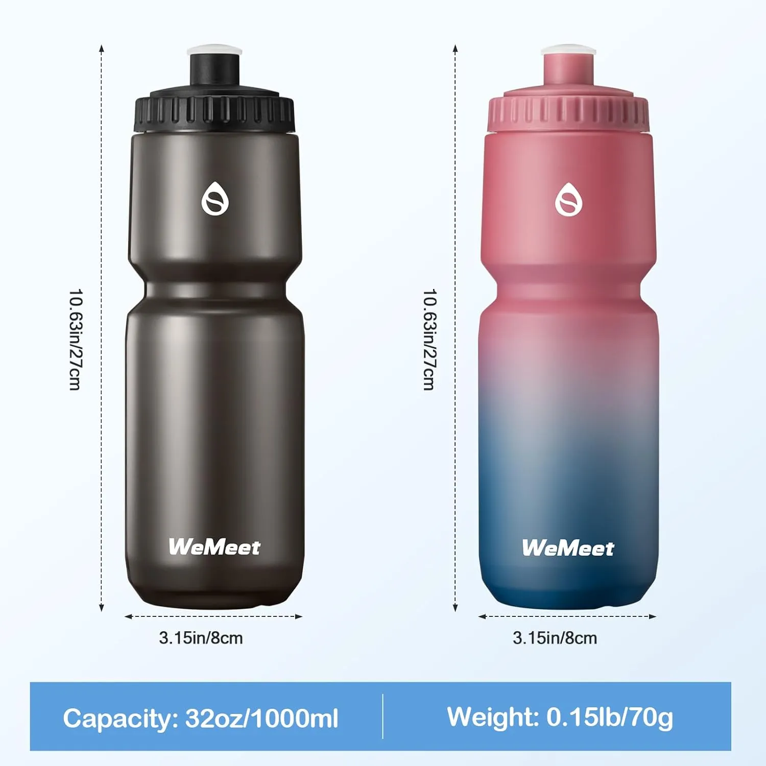 Sport Squeeze Water Bottle with Capacity Scale, 32oz Bike Water Bottle with Bite Valve, for Cycling, Running, Fitness (Black & Red Blue, 2-Pack)