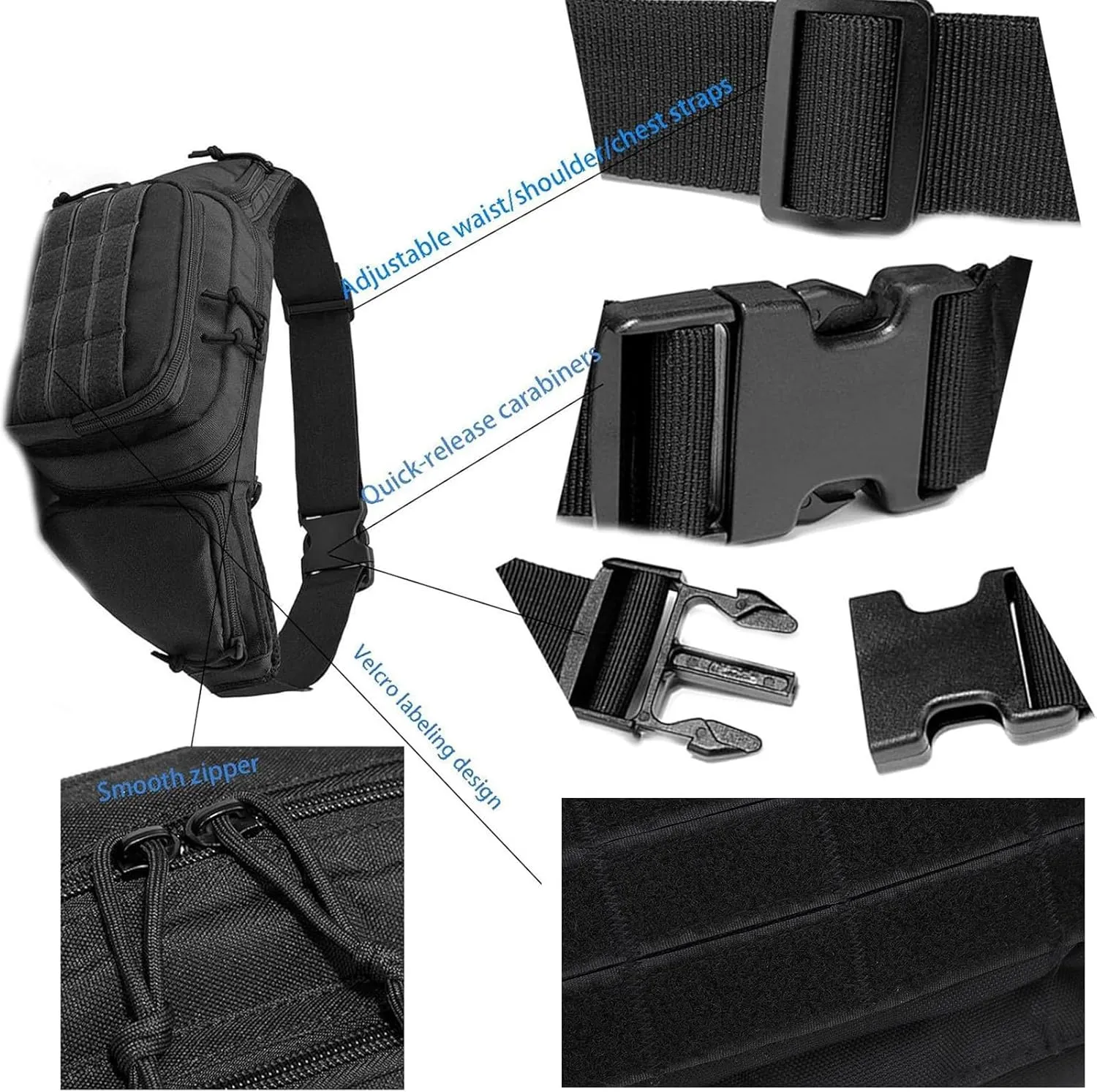 Sports Waist Bag Adjustable Breathable Nylon Chest Belt Bag Running Hiking (Black)