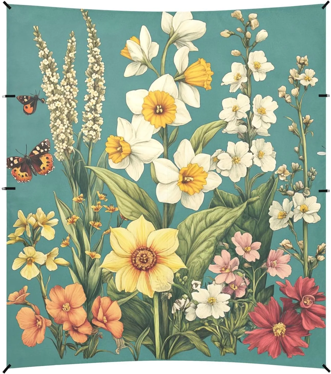 Spring Flowers Daffodil Orchid Butterflies Bees Teal Foldable Beach Canopy UPF50  Protection Waterproof Large Sun Shade with Sand Pockets for Backyard, Grassland, Park