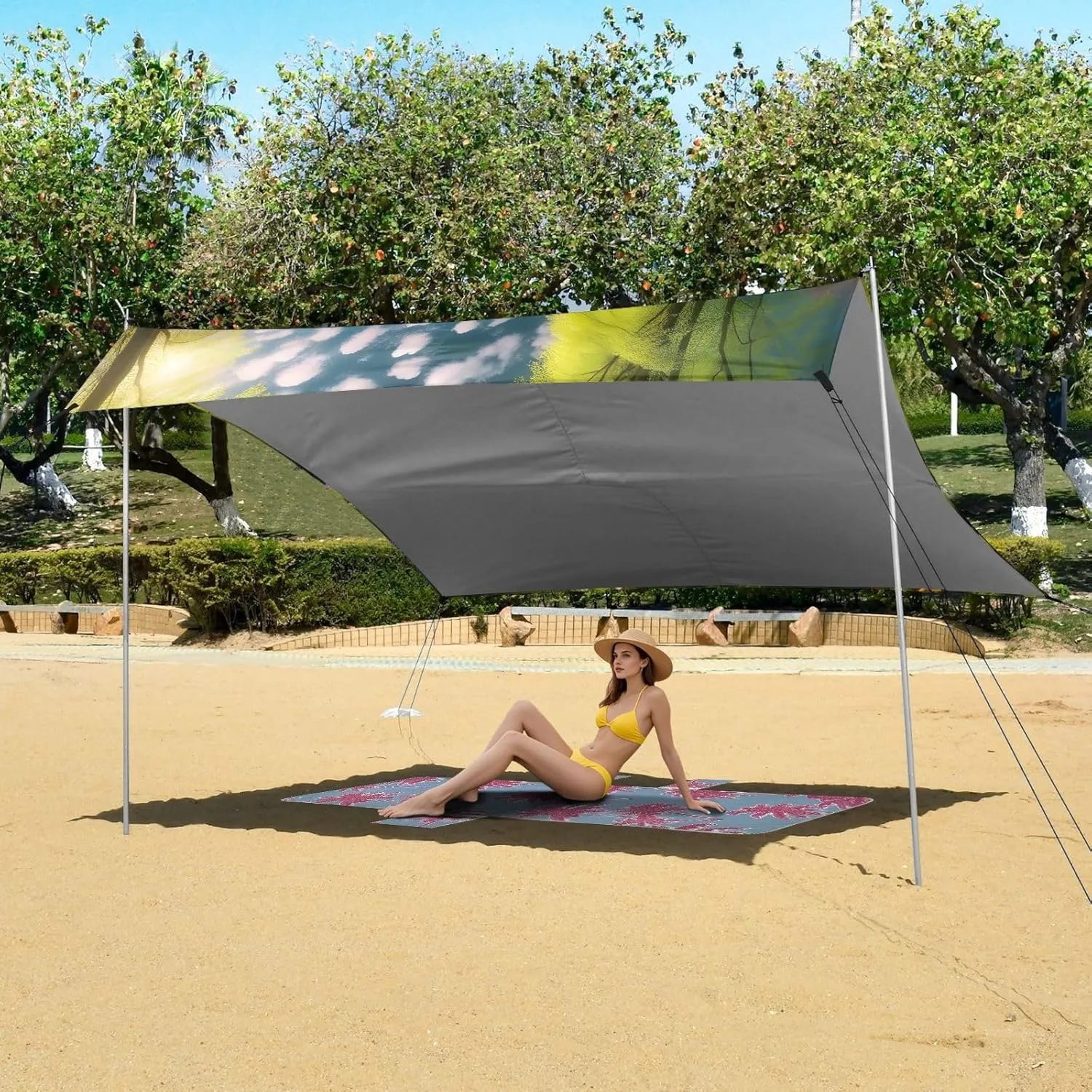 Spring Forest Canopy Beach Tent Outdoor Patio Sun Shade Print Travel Camping Sun Shelter 9.2 × 10.5 FT Shelters with Sandbags Anchor