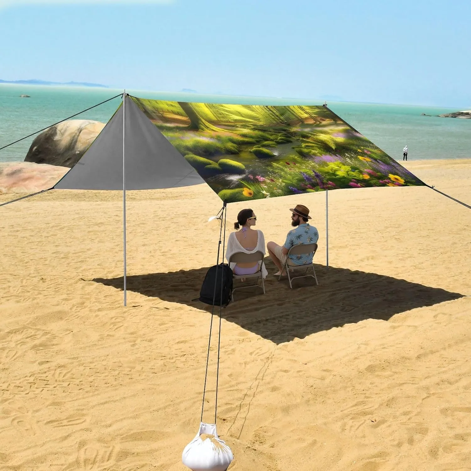 Spring Forest Canopy Beach Tent Outdoor Patio Sun Shade Print Travel Camping Sun Shelter 9.2 × 10.5 FT Shelters with Sandbags Anchor