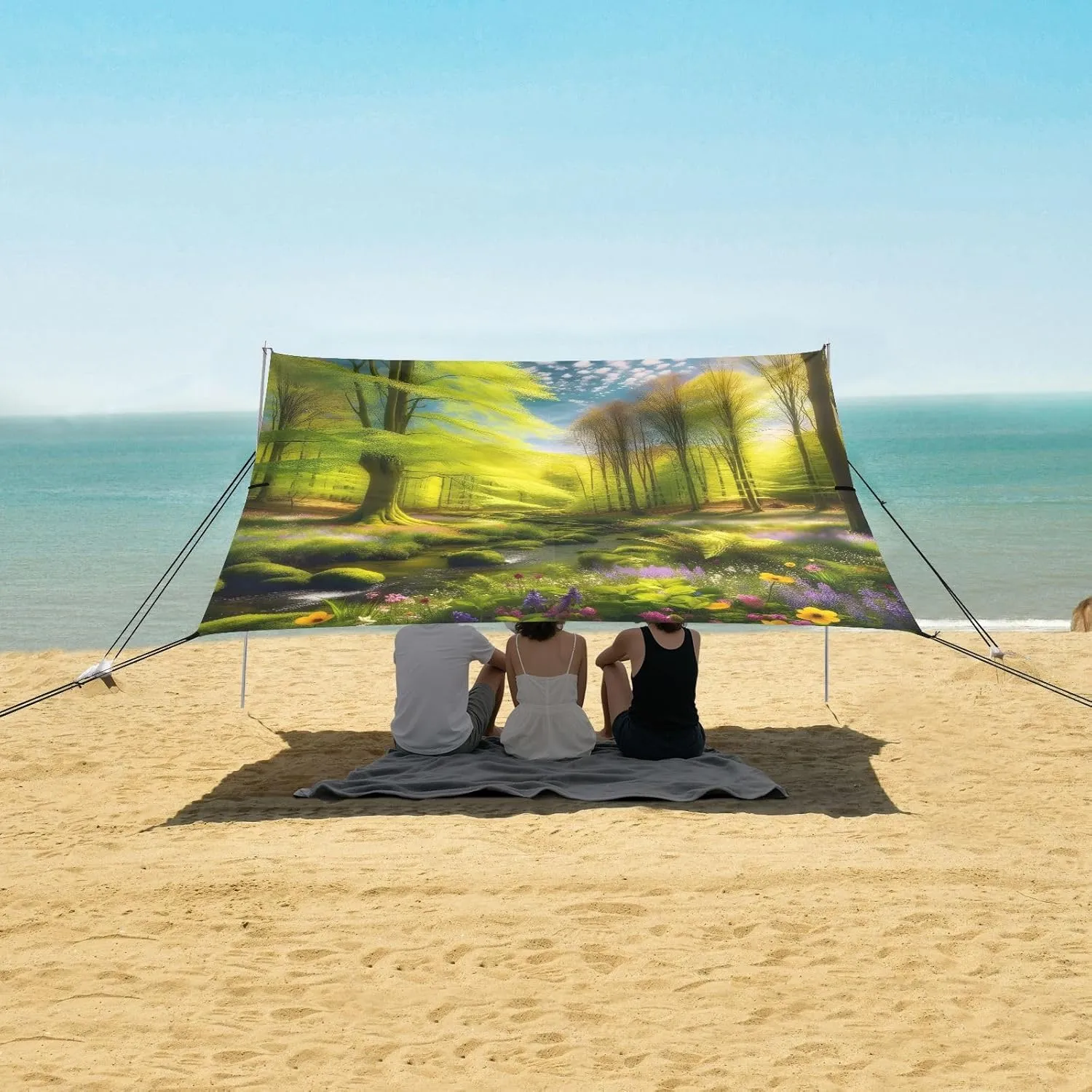Spring Forest Canopy Beach Tent Outdoor Patio Sun Shade Print Travel Camping Sun Shelter 9.2 × 10.5 FT Shelters with Sandbags Anchor