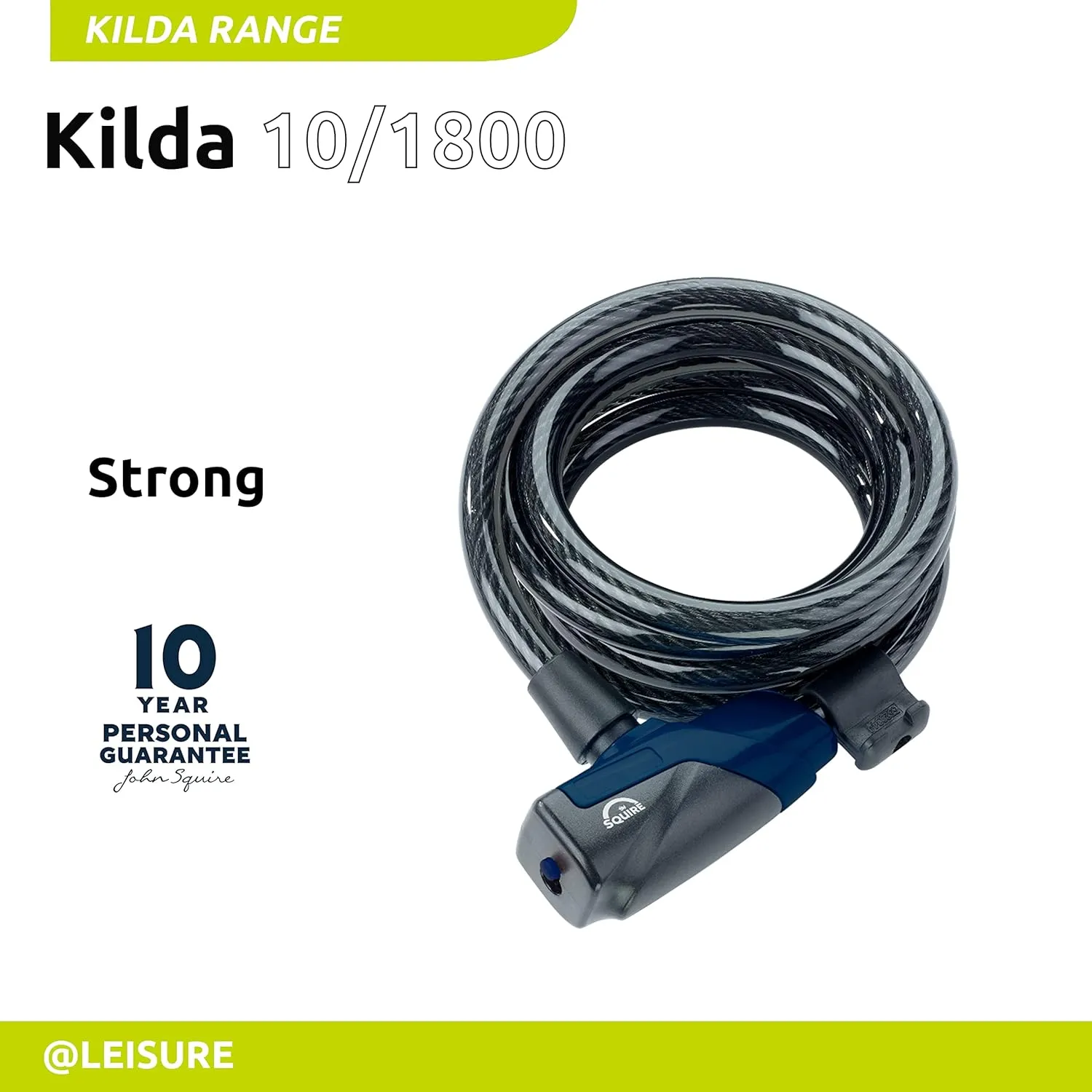 Squire Locks Heavy Duty Bikelock (Kilda 10/1800) - Tough Drive Cylinder Cable Lock - Weatherproof Armoured Steel Bike Lock with Key - Flexible, Tamper Proof Cable Lock for All Purpose Use (1800 mm)