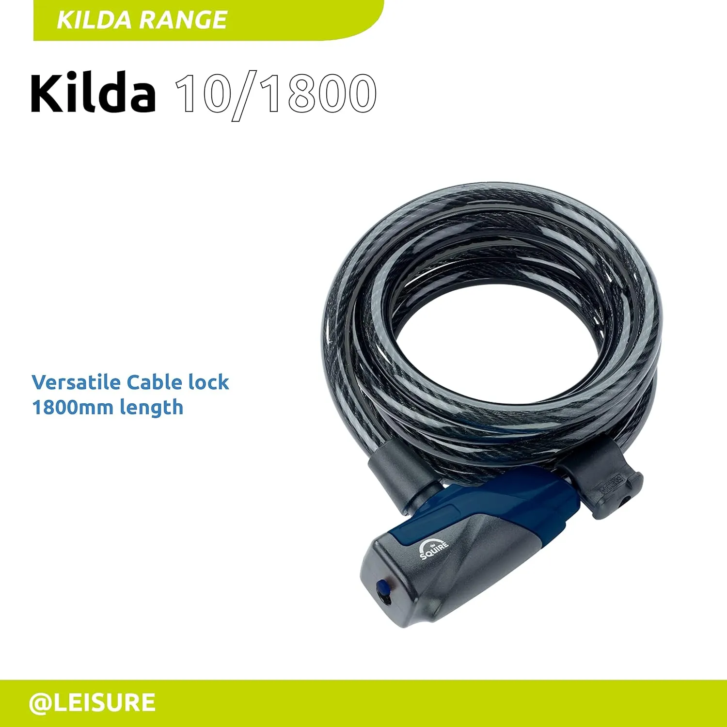 Squire Locks Heavy Duty Bikelock (Kilda 10/1800) - Tough Drive Cylinder Cable Lock - Weatherproof Armoured Steel Bike Lock with Key - Flexible, Tamper Proof Cable Lock for All Purpose Use (1800 mm)