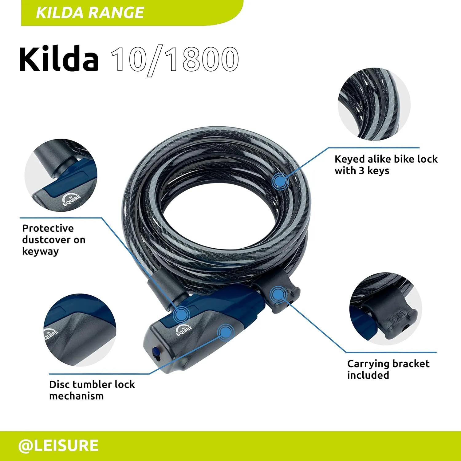 Squire Locks Heavy Duty Bikelock (Kilda 10/1800) - Tough Drive Cylinder Cable Lock - Weatherproof Armoured Steel Bike Lock with Key - Flexible, Tamper Proof Cable Lock for All Purpose Use (1800 mm)