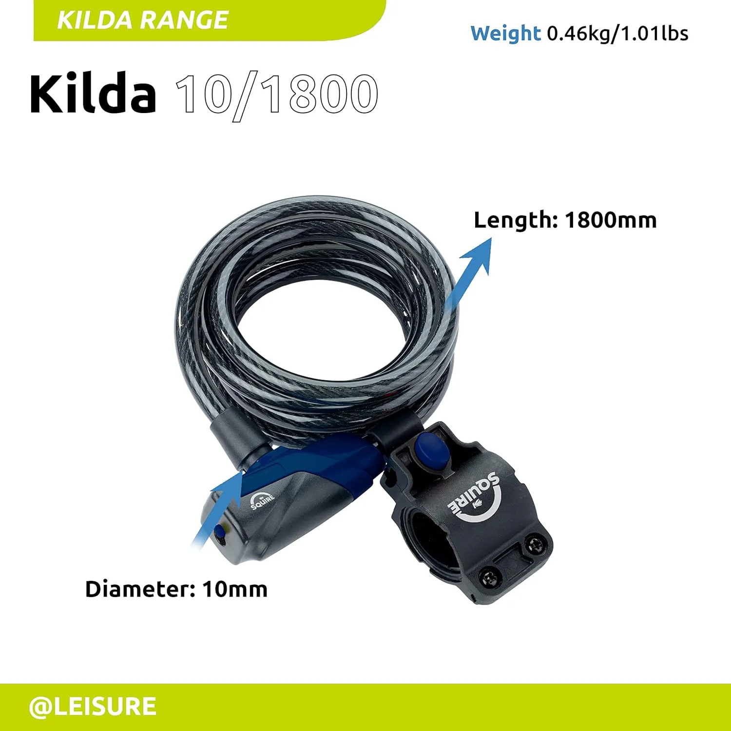 Squire Locks Heavy Duty Bikelock (Kilda 10/1800) - Tough Drive Cylinder Cable Lock - Weatherproof Armoured Steel Bike Lock with Key - Flexible, Tamper Proof Cable Lock for All Purpose Use (1800 mm)