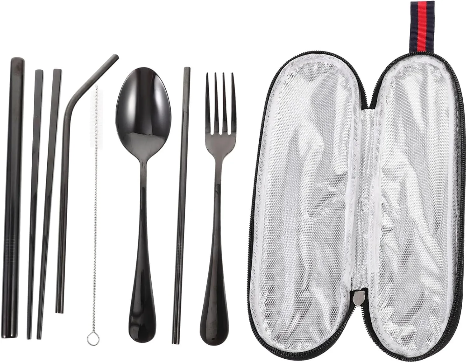 Stainless Silverware Set for Outdoor Compact Travel Cutlery Kit Fork Spoon Straw Cleaning Brush for Camping Picnic Hiking Random Style