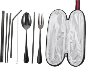 Stainless Silverware Set for Outdoor Compact Travel Cutlery Kit Fork Spoon Straw Cleaning Brush for Camping Picnic Hiking Random Style
