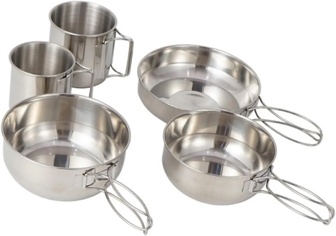 Stainless Steel Camping Utensils 5 Piece Set Pan Bowl Cup Compact Folding for Outdoor Activities