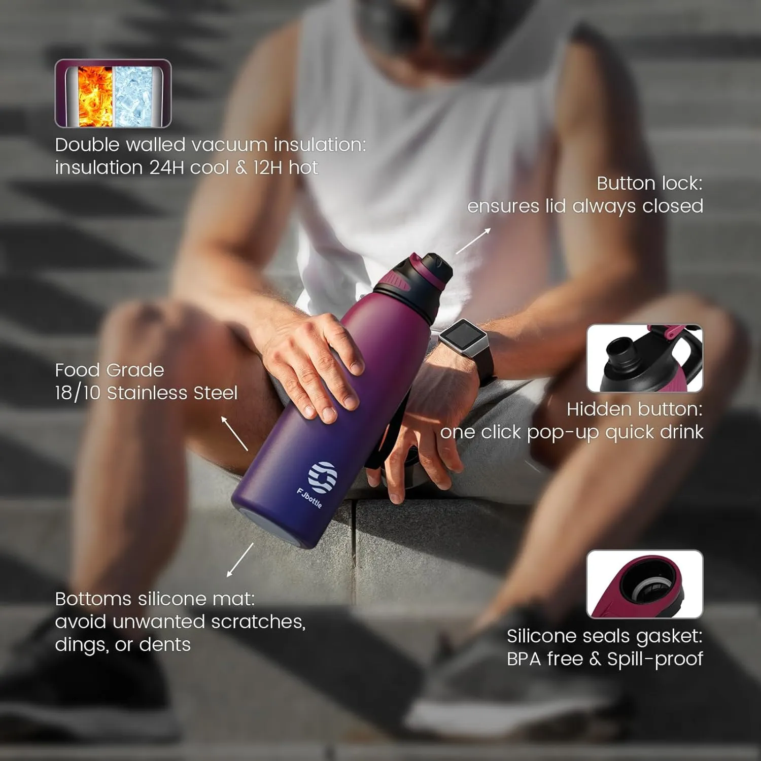Stainless Steel Insulated Sports Water Bottle 50oz, BPA-Free, Double-Wall Vacuum, Magnetic Cap, No Straw, Cup Brush Included - Ideal Thermos for School, Fitness, and Outdoor Activities