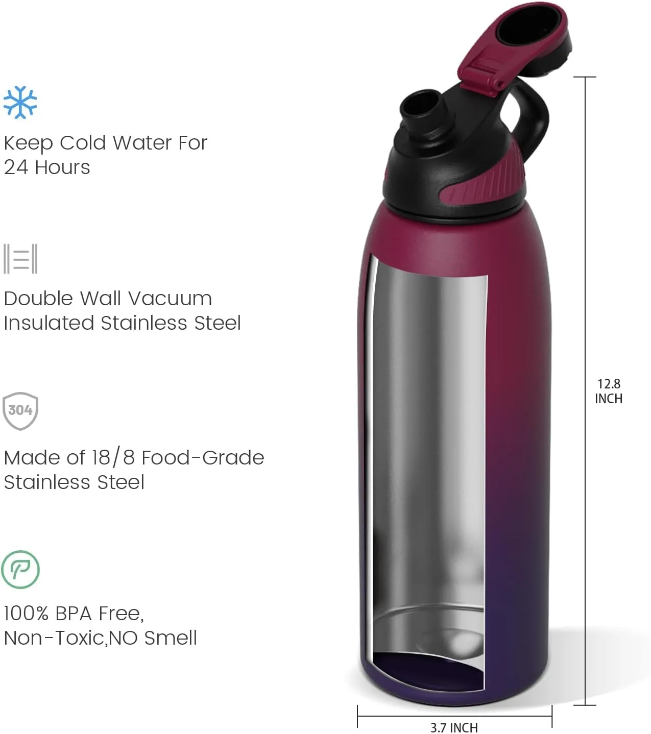 Stainless Steel Insulated Sports Water Bottle 50oz, BPA-Free, Double-Wall Vacuum, Magnetic Cap, No Straw, Cup Brush Included - Ideal Thermos for School, Fitness, and Outdoor Activities