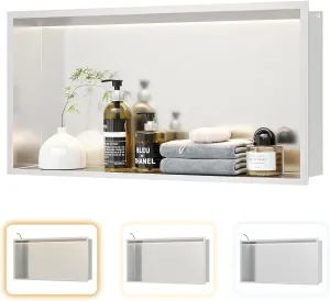 Stainless Steel Shower Niche 24" X 12", No Tile Needed Wall Niche with 3 Selectable Color Temperatures Led Light, Recessed Shower Shelf for Bathroom Storage Over Mount Installation, Brushed Nickel