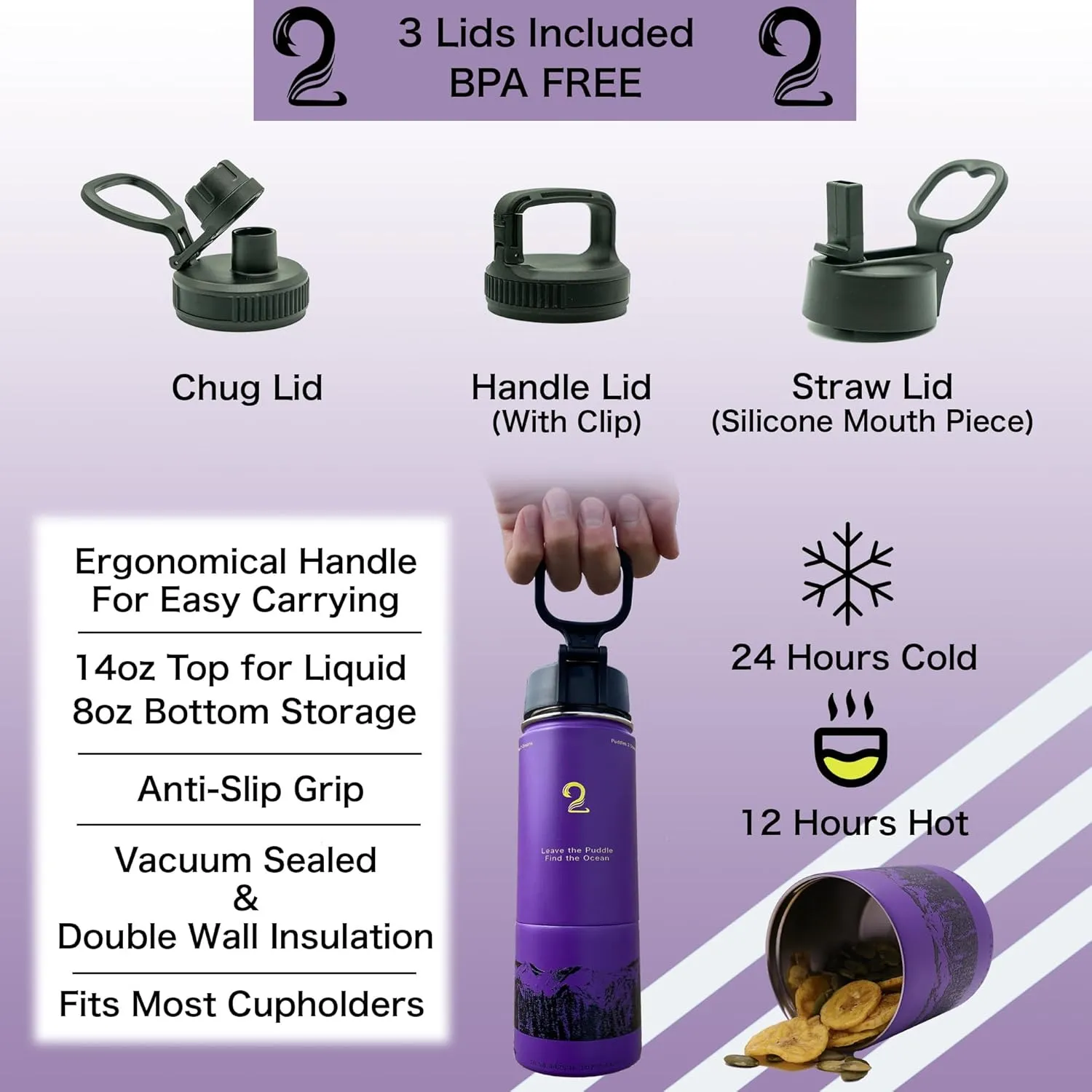 Stainless Steel Water Bottles, Coldest Water Bottle, Stackable Snack Containers for Kids, Insulated Water Bottle, Water Bottle with Snack Compartment, Sip N Seek (Purple)
