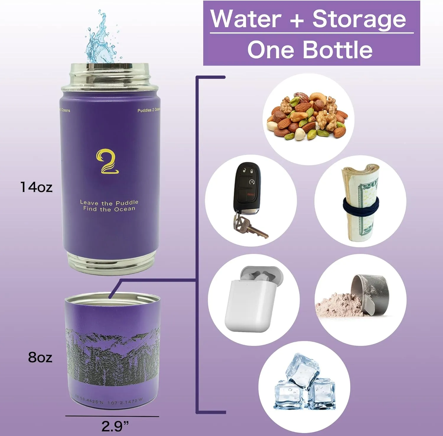 Stainless Steel Water Bottles, Coldest Water Bottle, Stackable Snack Containers for Kids, Insulated Water Bottle, Water Bottle with Snack Compartment, Sip N Seek (Purple)