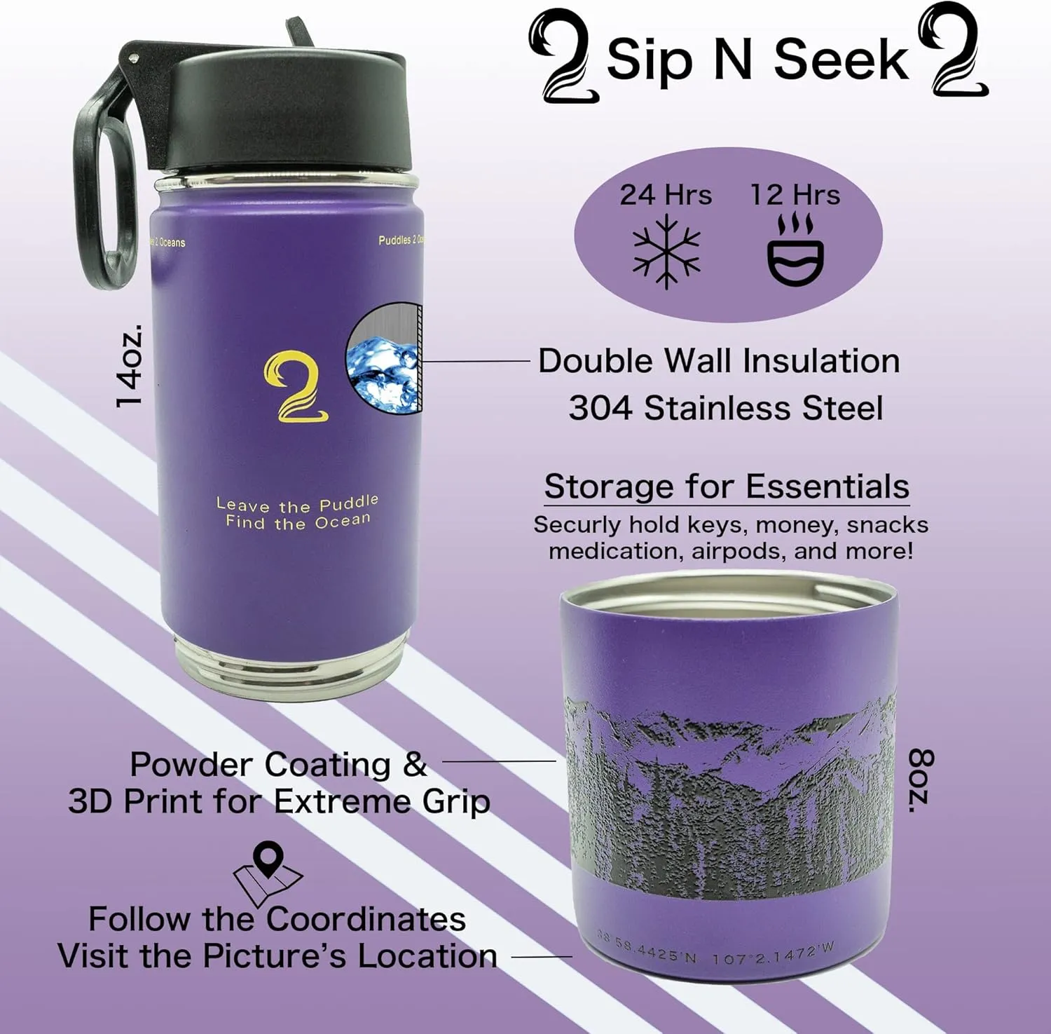 Stainless Steel Water Bottles, Coldest Water Bottle, Stackable Snack Containers for Kids, Insulated Water Bottle, Water Bottle with Snack Compartment, Sip N Seek (Purple)