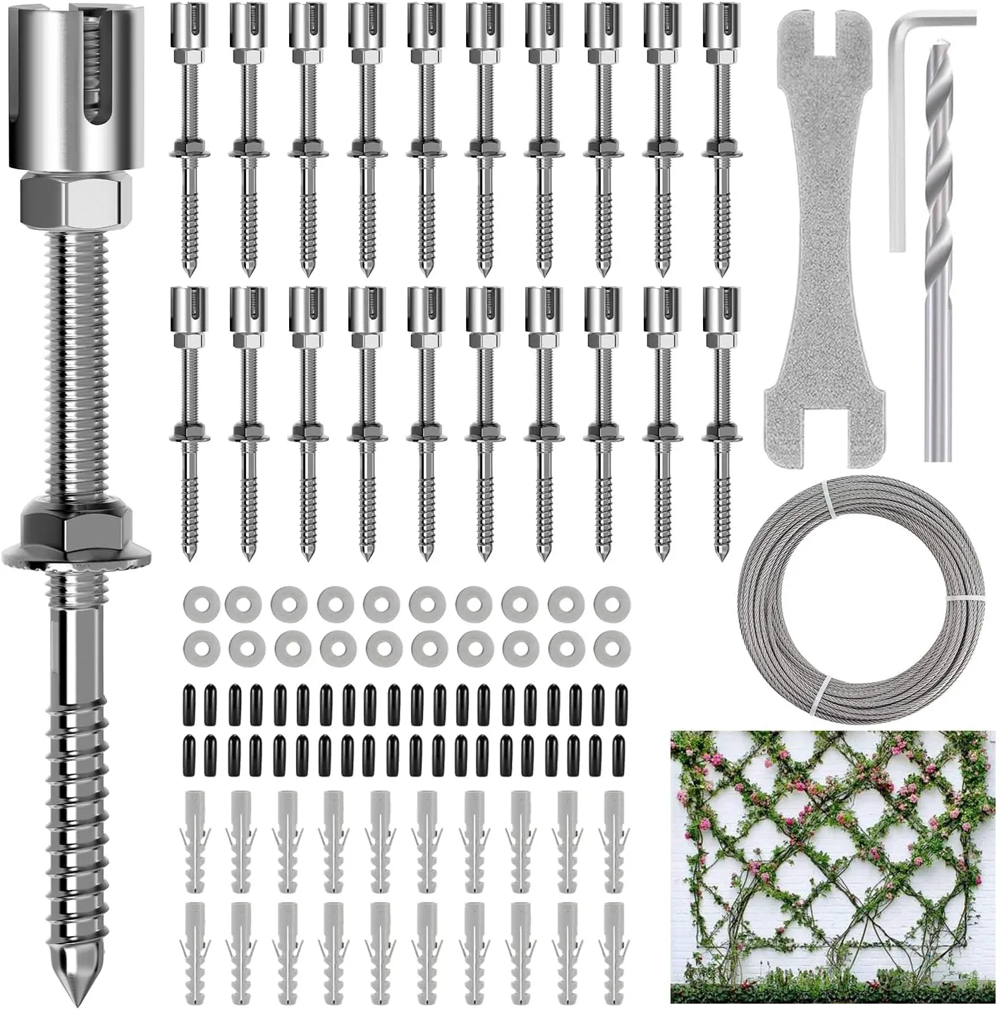 Stainless Steel Wire Trellis Kit for Climbing Plants - 20 Sets T316 Garden Support System with 98Ft Cable, Outdoor Wall Mount Plant Training Wire (WT001)
