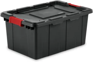 Sterilite 12-Pack Industrial Tote, Heavy-Duty Plastic Garage Storage Bins with Latching Lid, Black, 15 Gallon