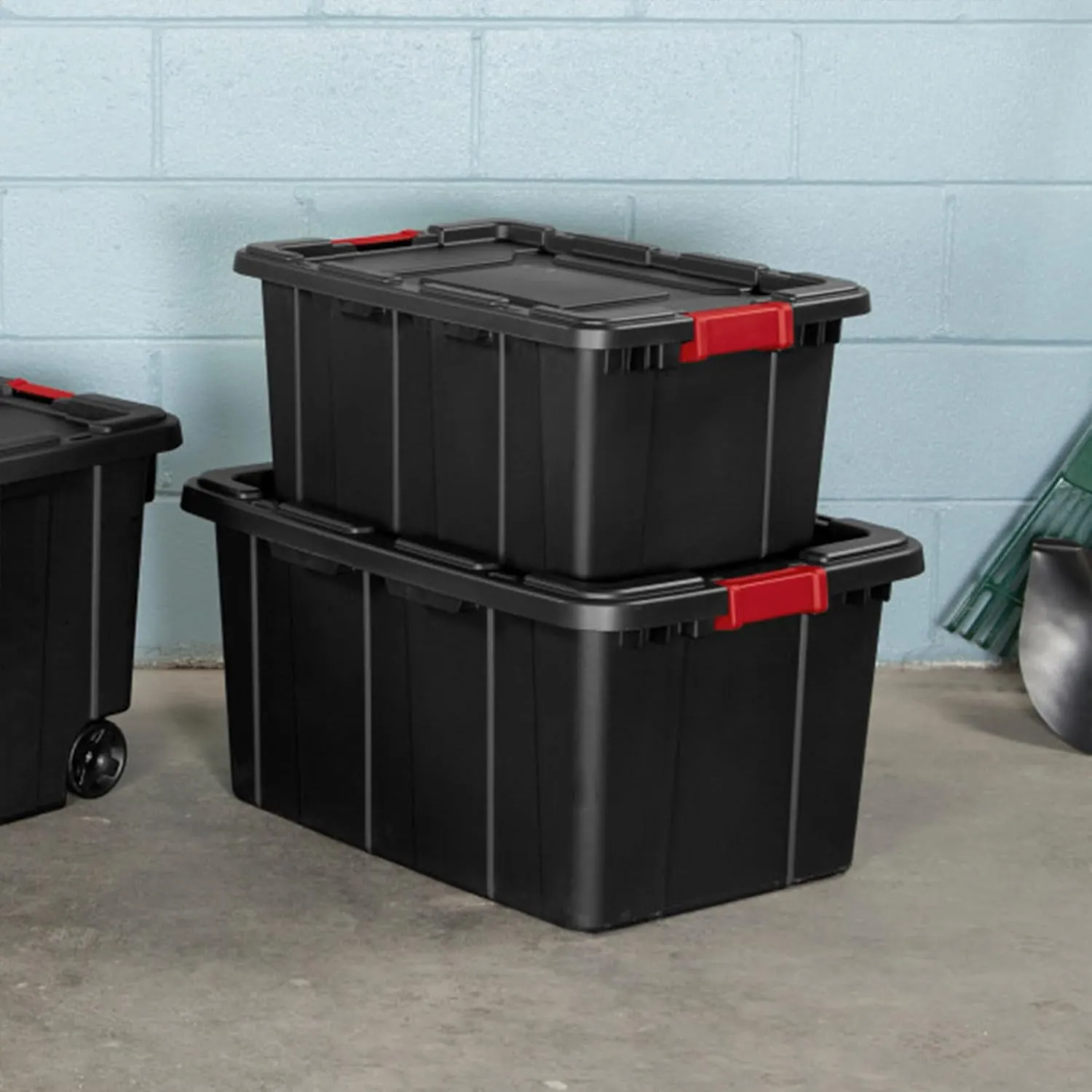 Sterilite 12-Pack Industrial Tote, Heavy-Duty Plastic Garage Storage Bins with Latching Lid, Black, 15 Gallon