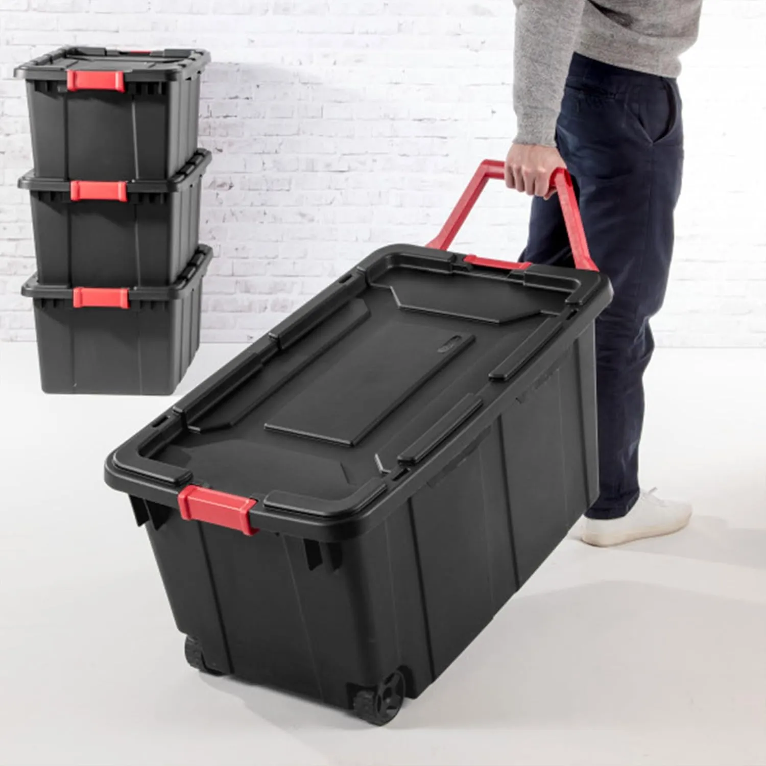 Sterilite 12-Pack Industrial Tote, Heavy-Duty Plastic Garage Storage Bins with Latching Lid, Black, 15 Gallon