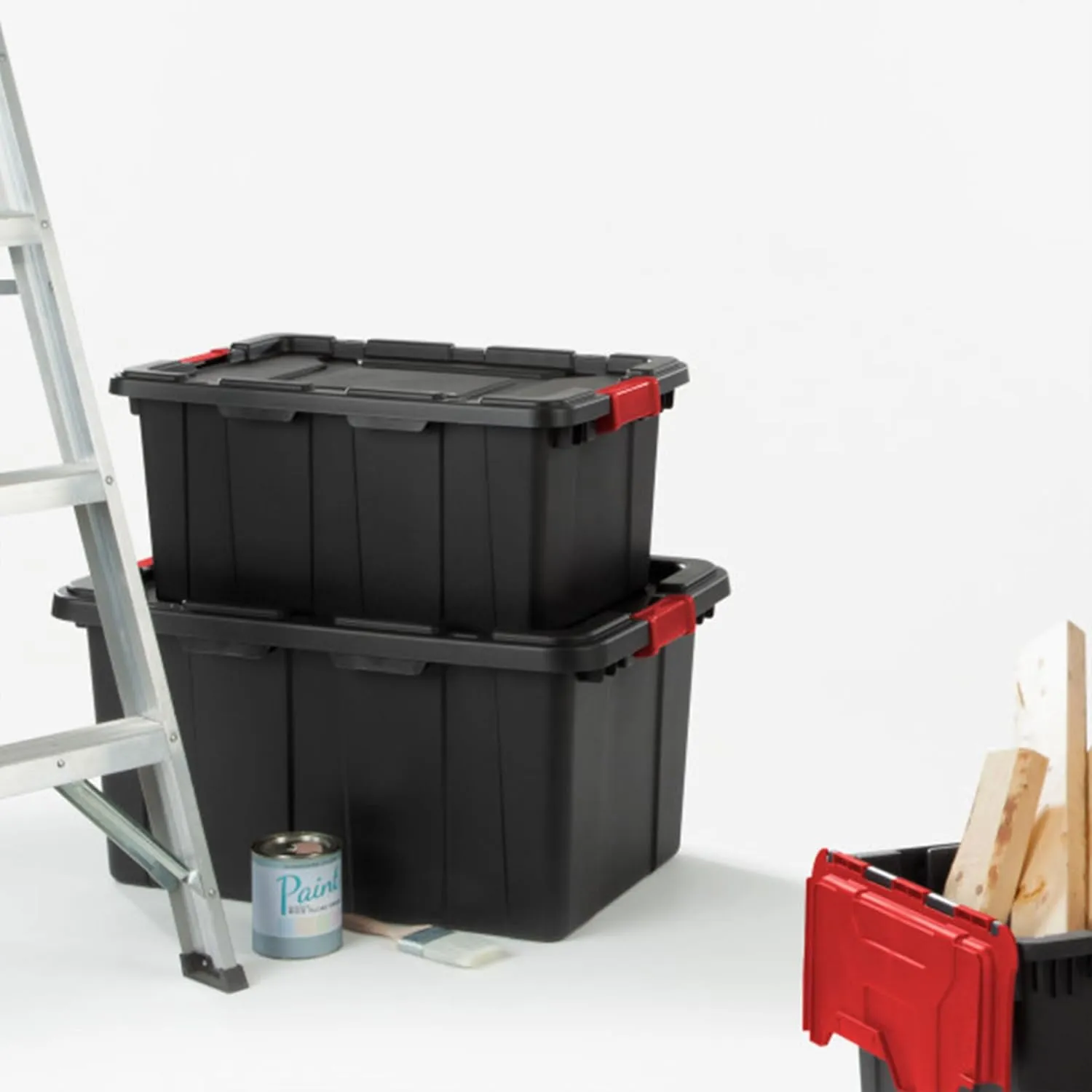Sterilite 12-Pack Industrial Tote, Heavy-Duty Plastic Garage Storage Bins with Latching Lid, Black, 15 Gallon