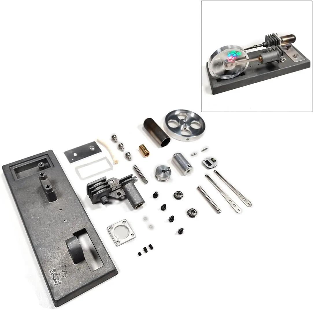 Stirling Engine Model Kits, DIY γ-Type Alcohol-Powered Stirling Engine with LED Flywheel for Physical Science Experiment Display