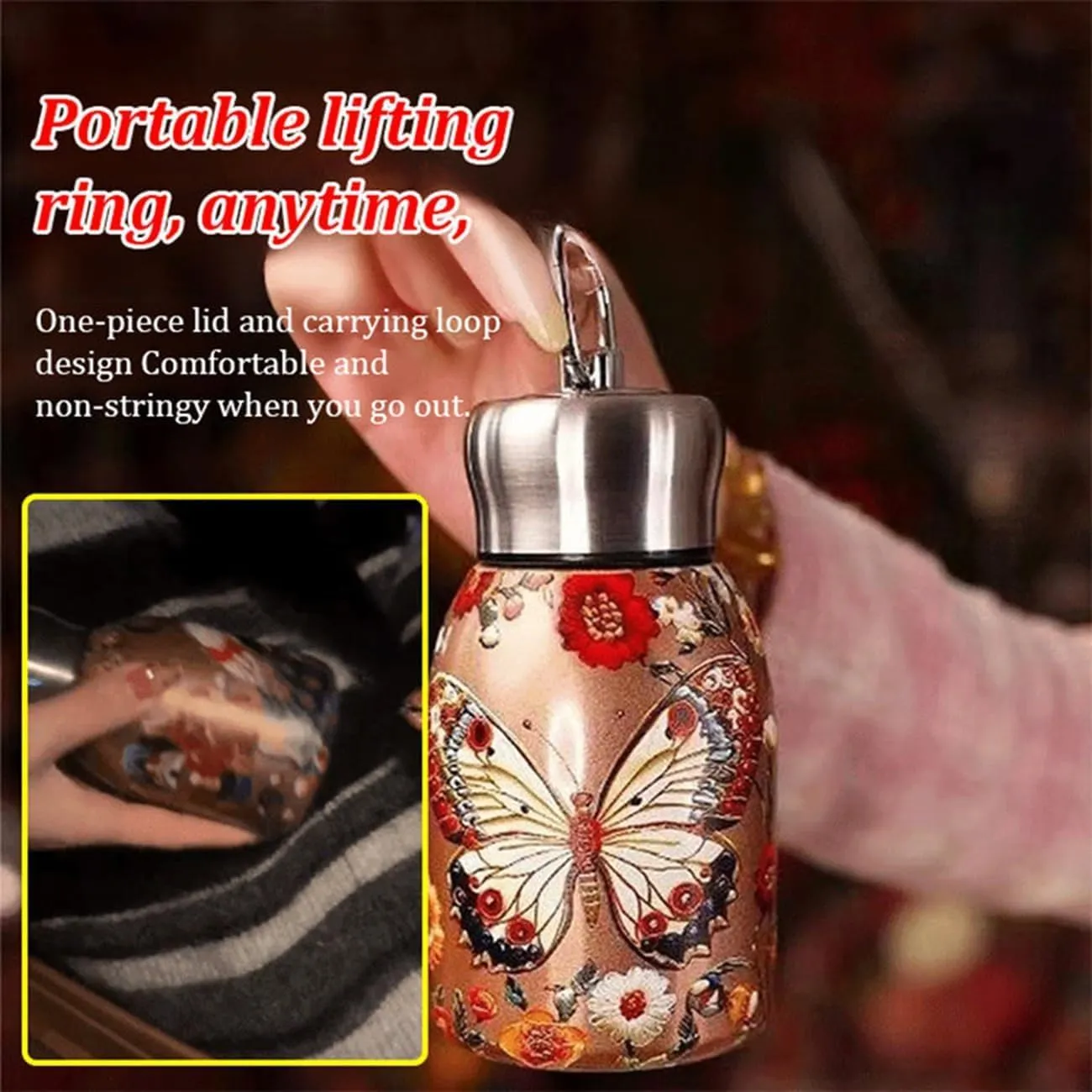 Stylish & Portable Insulated Water Bottle, Keep Drinks Hot or Cold, Leakproof Slim Stainless Steel Water Bottle, Hot Cold 24h, One-Hand Carry for Gym, Hiking, Office (Q)