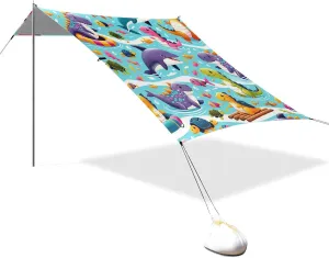 Summer Dinosaurs Sharks Beach Tent Sun Shelter Set, UPF50  UV Protection 10.5 x 9.19 FT Camping Shade Canopy with Sandbags, Sand Anchors, Carrying Bag, and Others