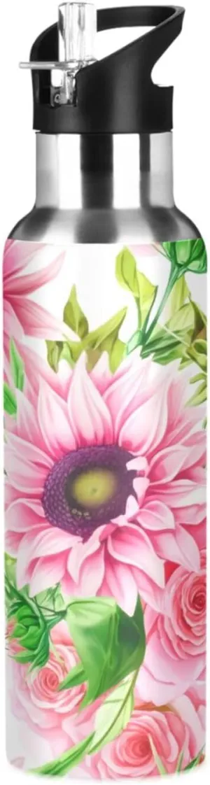 Sunflower Sports Water Bottle with Straw, 22oz BPA Free Stainless Steel Vacuum Insulated Bottle for Gym Fitness Outdoor