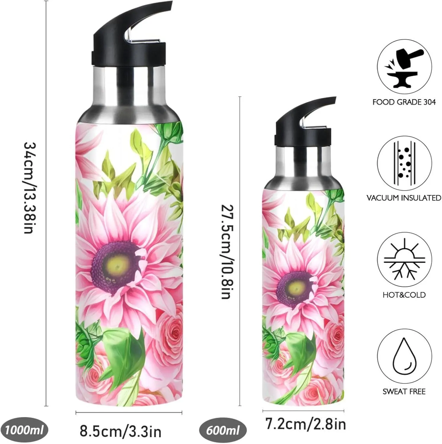 Sunflower Sports Water Bottle with Straw, 22oz BPA Free Stainless Steel Vacuum Insulated Bottle for Gym Fitness Outdoor
