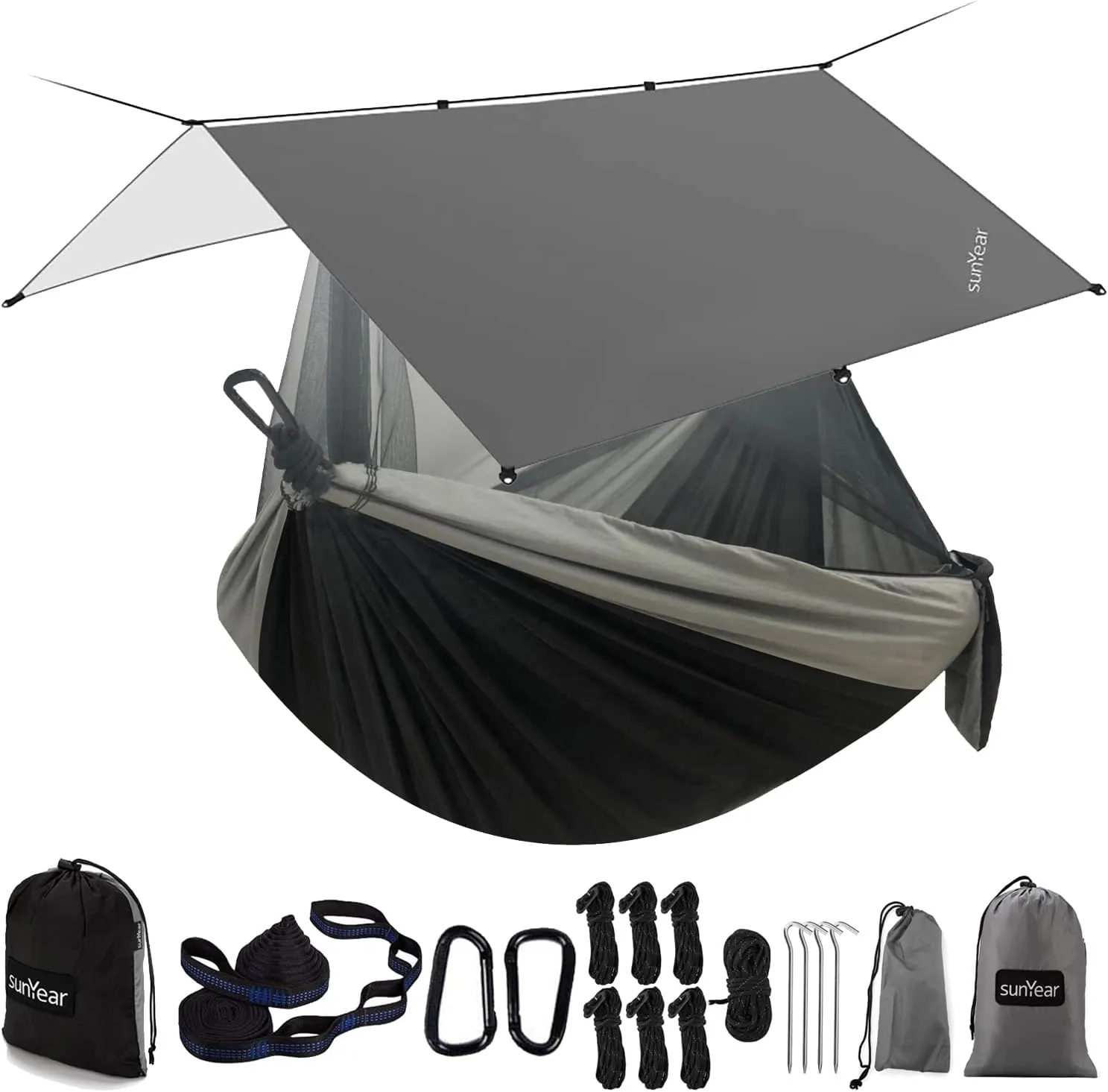 Sunyear Hammock Camping with Rain Fly Tarp and Net, Portable Camping Hammock Double Tree Hammock Outdoor Indoor Backpacking Travel & Survival, 2 Tree Straps,100% Waterproof