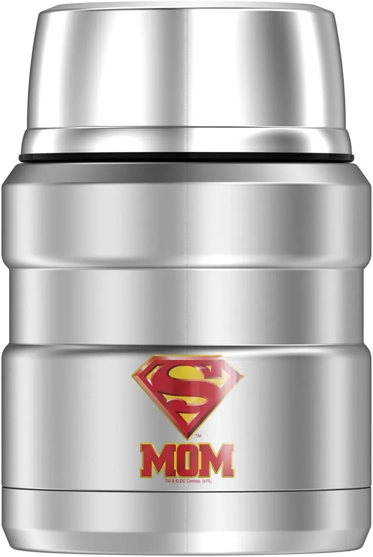 Superman Super Mom Shield Logo, THERMOS STAINLESS KING Stainless Steel Food Jar with Folding Spoon, Vacuum insulated & Double Wall, 16oz