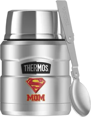 Superman Super Mom Shield Logo, THERMOS STAINLESS KING Stainless Steel Food Jar with Folding Spoon, Vacuum insulated & Double Wall, 16oz