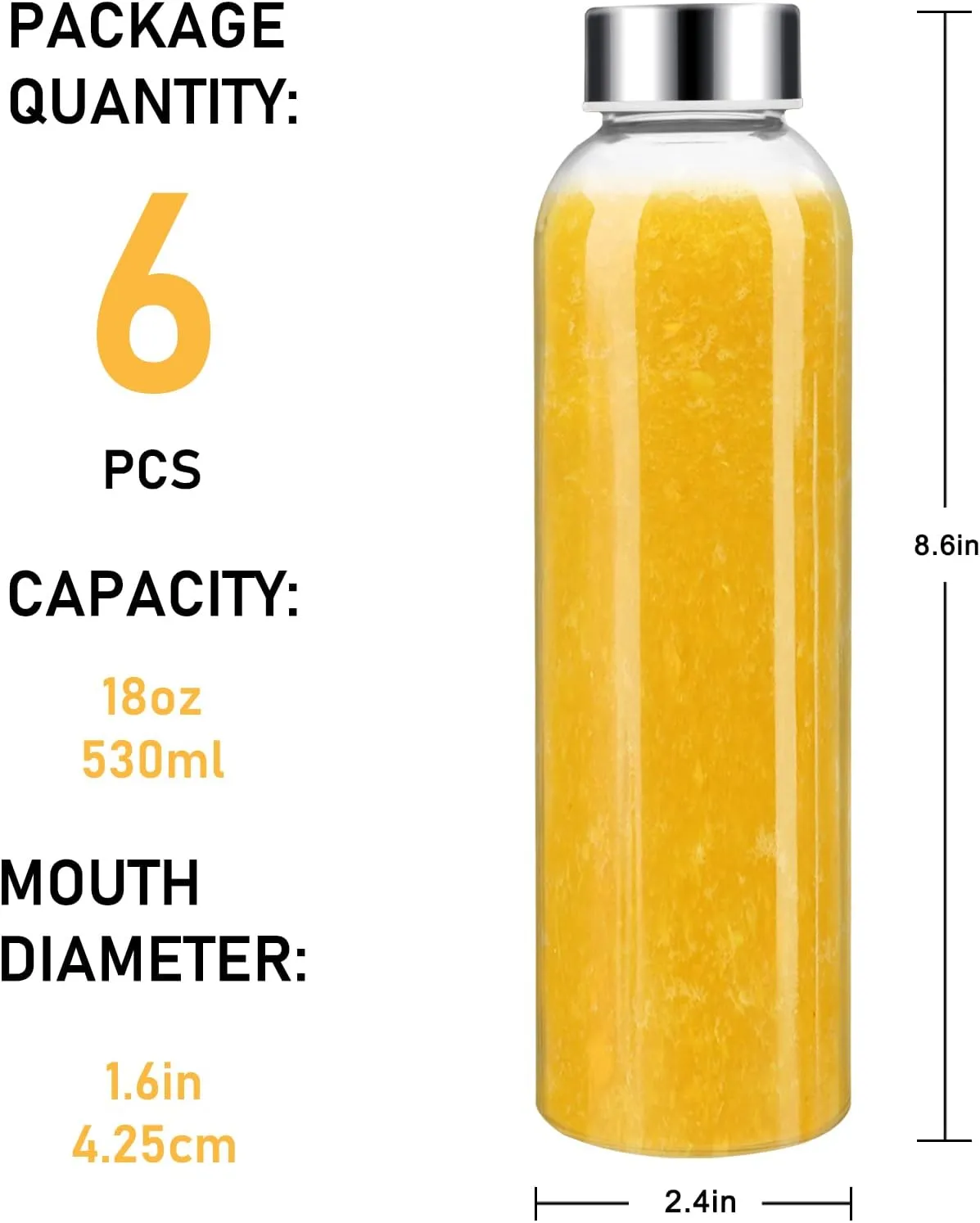Sursip 18oz Glass Water Bottle Set of 6, Clear glass juice bottle for juicing，Reusable Drinking Bottles with Stainless Steel Lid，Beverage Storage Containers for Refrigerator-BPA Free，Leak Proof