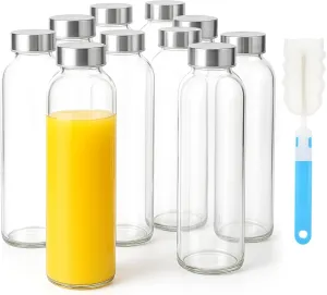 Sursip 24oz Glass Water Bottle Set of 10, Leak Proof Clear glass juice bottle for juicing, Reusable Drinking Bottles with Stainless Steel Lid, Beverage Storage Containers for Refrigerator-BPA Free