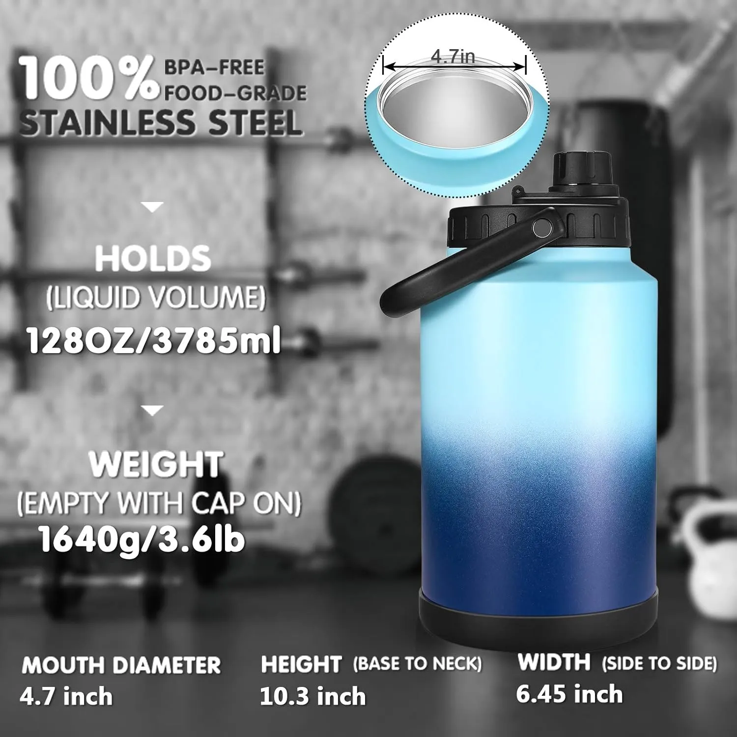 Sursip One Gallon Insulated Water Jug wtih Straw,128 Oz Water Bottle,18/8 Food-grade,Keep Drinking Hot and Cold,Sweat Proof,Great for Travel/Hiking/Camping/Sports/Gaming/Gift(Grey)