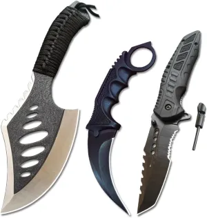 Survival Kit 3 in 1 Axe and Fixed Blade Knife Combo Set, Full Tang, Wood Handle, for Outdoor Camping Survival Hunting, Sheath Included