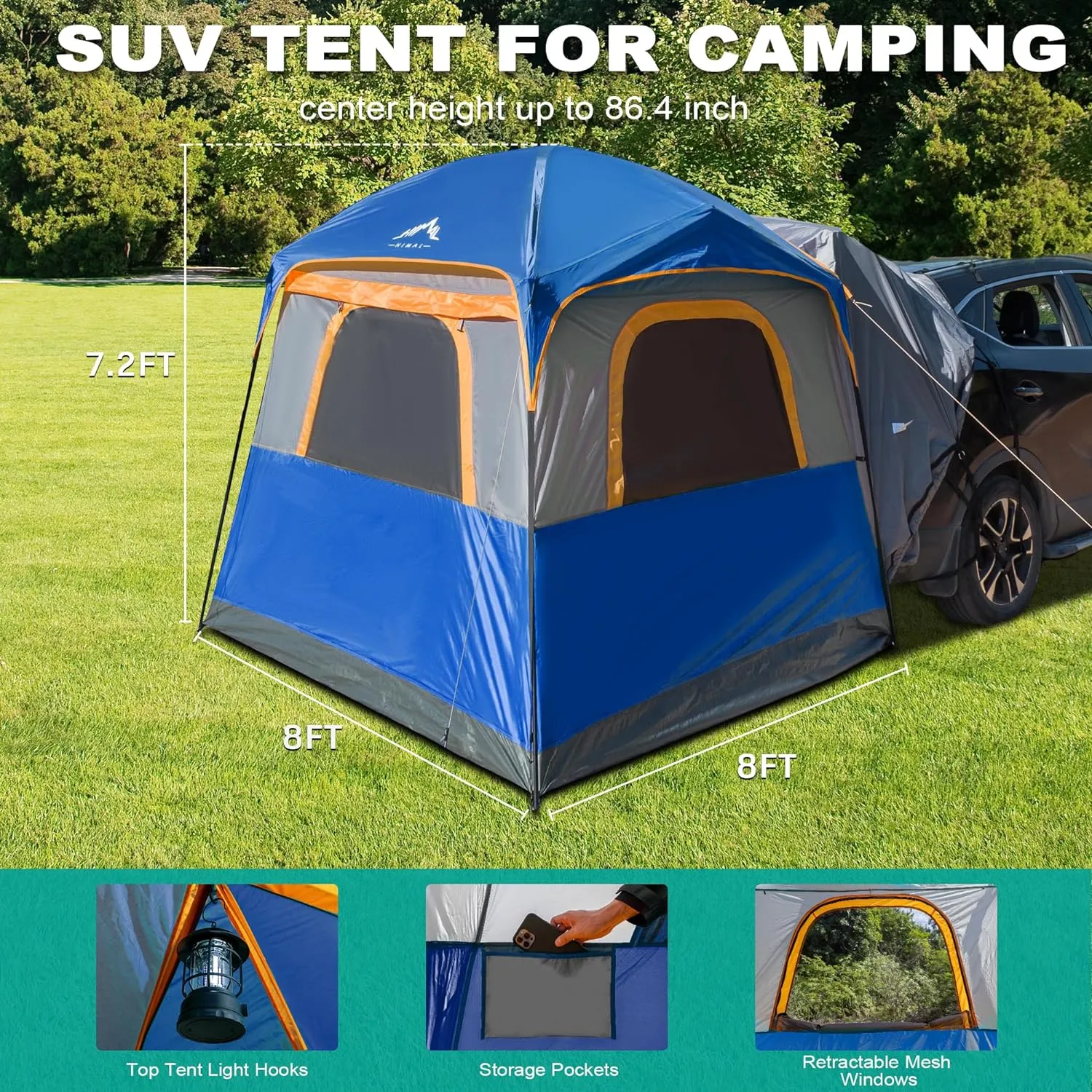 SUV Tent for Camping,Waterproof PU2000mm, Fits 5-8 People,Spacious Double Layer Design, Includes Rainfly & Storage Bag, 8FT L x 8FT W x 7.2FT H