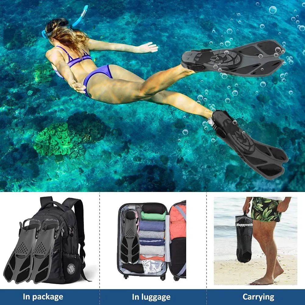 Swim Fins Snorkel Fins Snorkeling Gear Flippers for Swimming Short Diving Fins Travel Size with Mesh Bag Extra Fin Strap Open Heel Adjustable