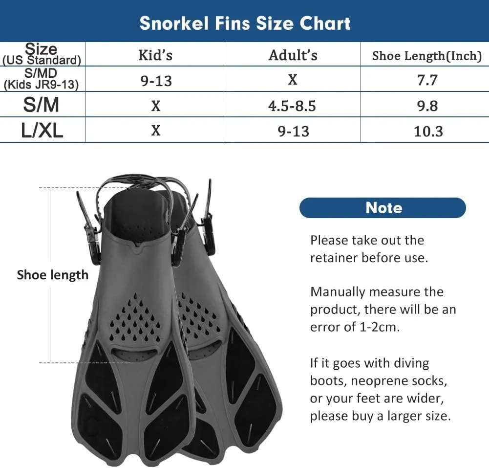 Swim Fins Snorkel Fins Snorkeling Gear Flippers for Swimming Short Diving Fins Travel Size with Mesh Bag Extra Fin Strap Open Heel Adjustable