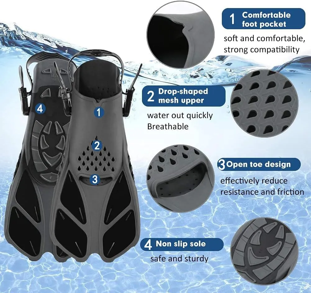 Swim Fins Snorkel Fins Snorkeling Gear Flippers for Swimming Short Diving Fins Travel Size with Mesh Bag Extra Fin Strap Open Heel Adjustable