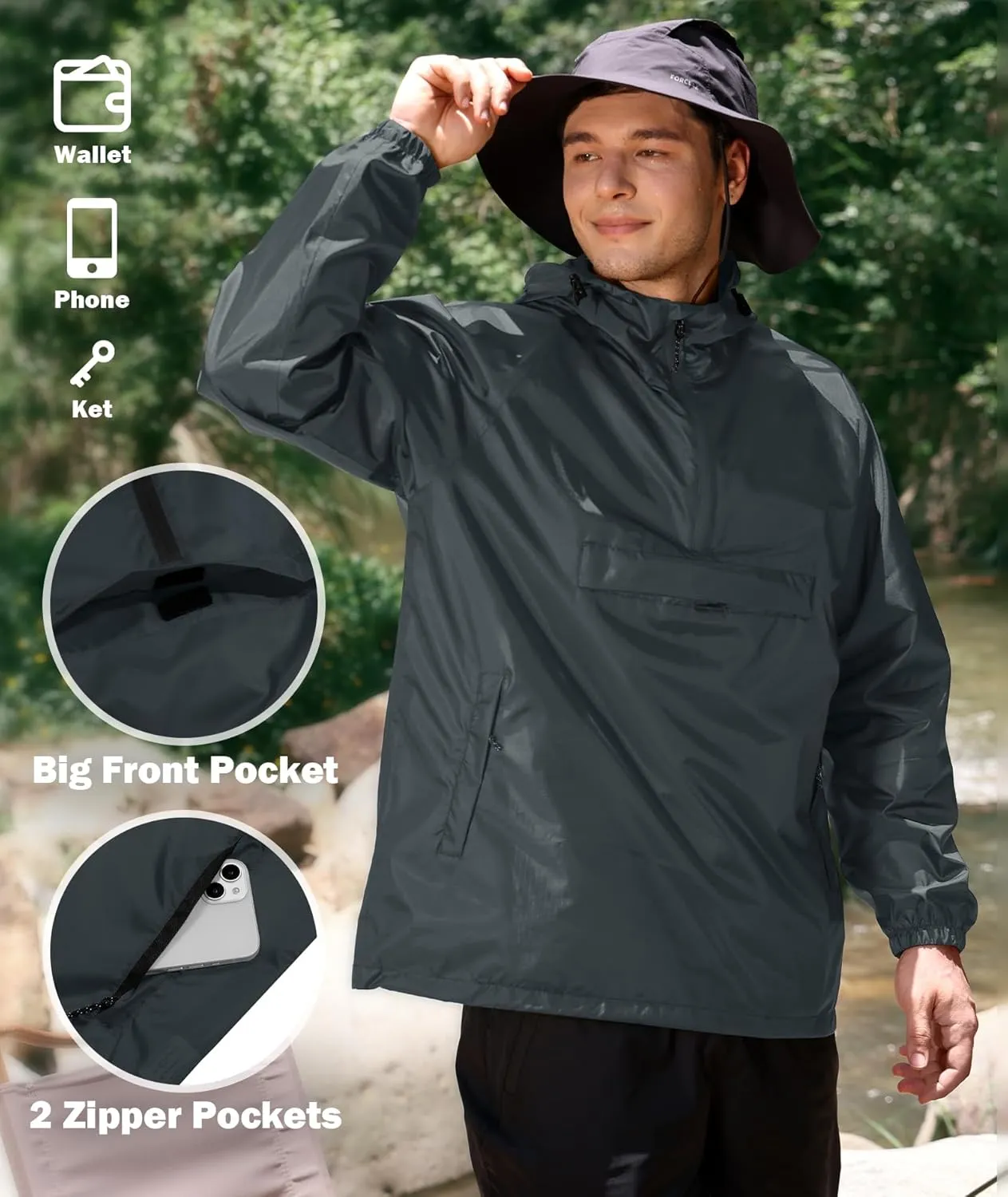 SWISSWELL Men's Rain Jacket Waterproof Lightweight Packable Pullover Windbreaker with Hood for Travel Hiking Golf