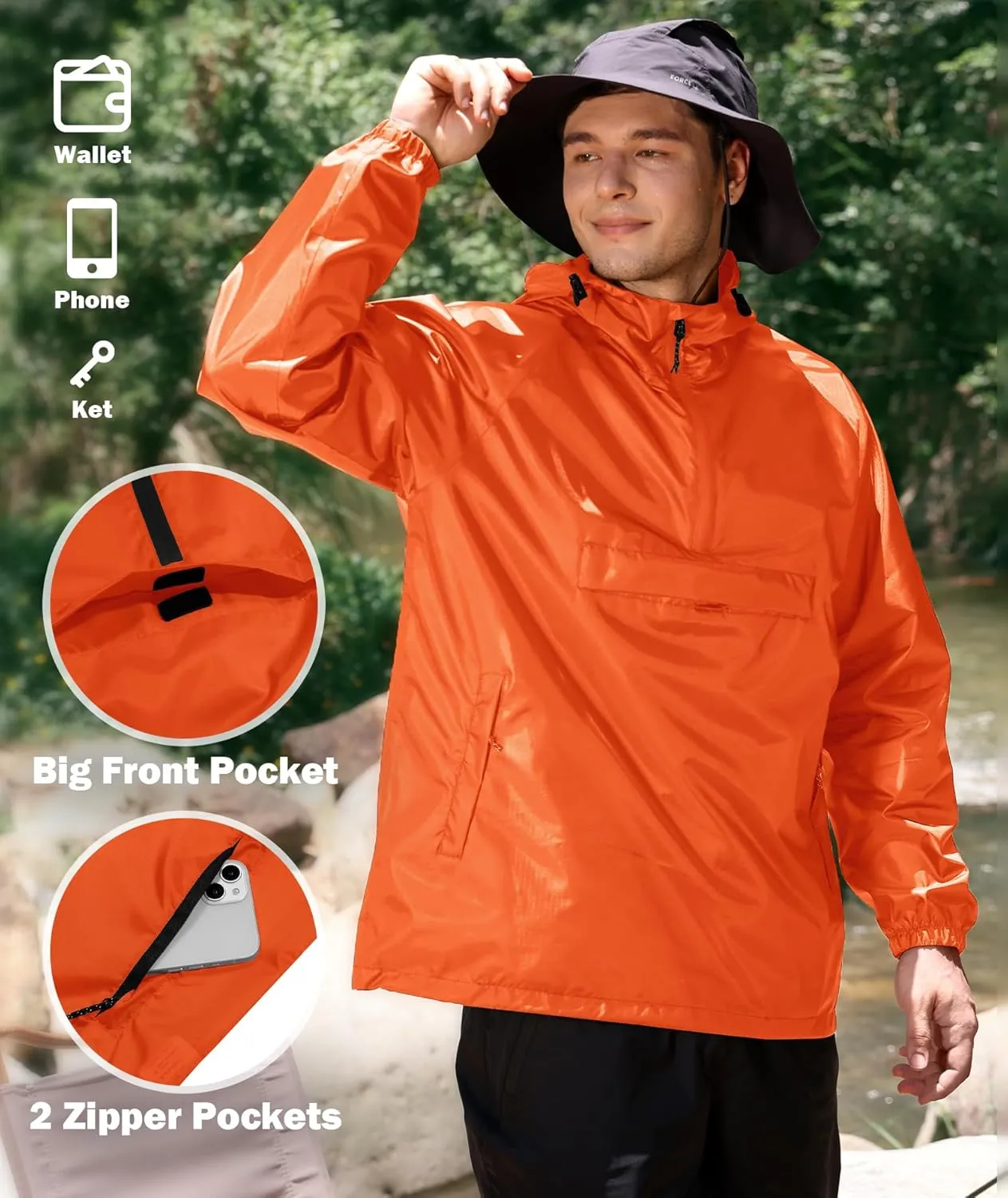 SWISSWELL Men's Rain Jacket Waterproof Lightweight Packable Pullover Windbreaker with Hood for Travel Hiking Golf