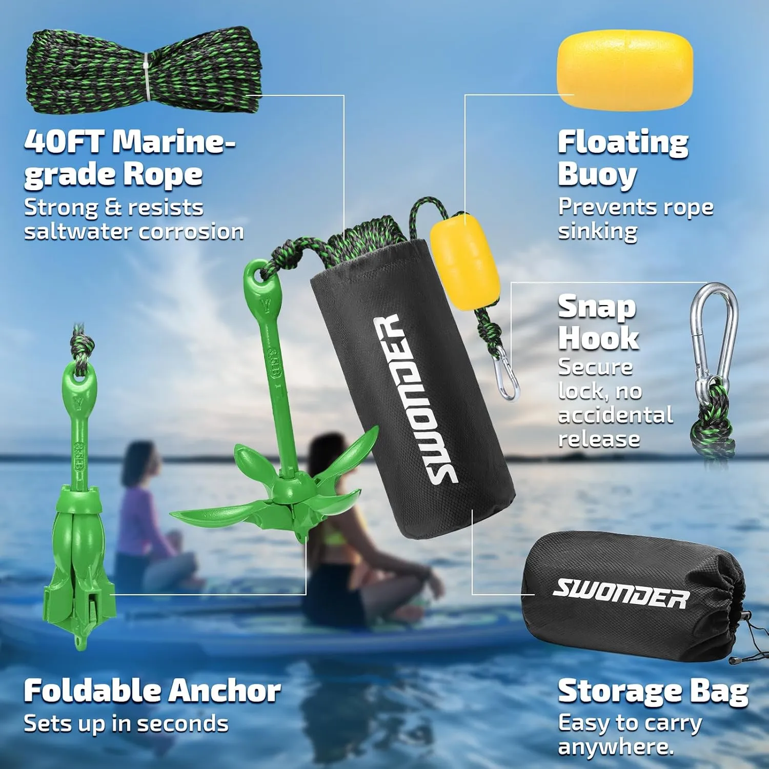 Swonder Kayak Anchor, 3.5lbs Folding Anchor Kit w/Rope & Storage Bag, Complete Accessories Kit for Kayak, Paddle Board, Jet Ski and Small Boats