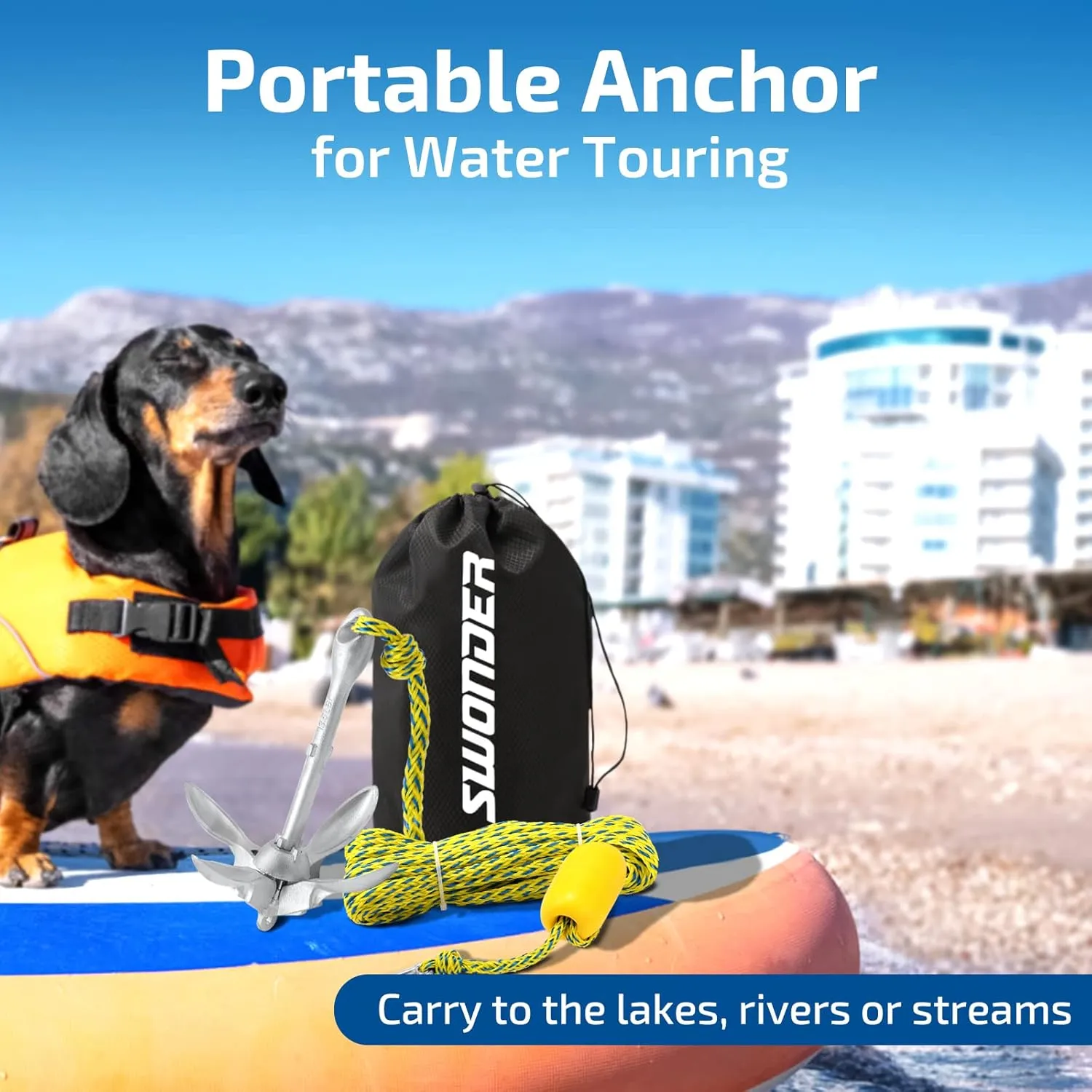 Swonder Kayak Anchor, 3.5lbs Folding Anchor Kit w/Rope & Storage Bag, Complete Accessories Kit for Kayak, Paddle Board, Jet Ski and Small Boats