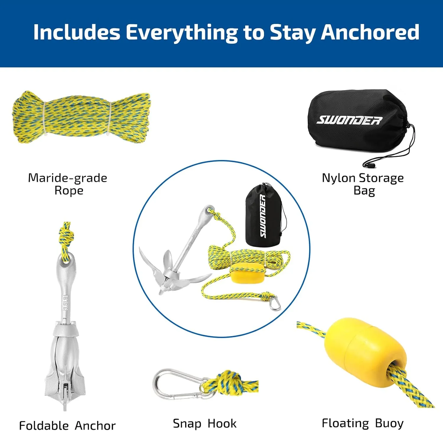 Swonder Kayak Anchor, 3.5lbs Folding Anchor Kit w/Rope & Storage Bag, Complete Accessories Kit for Kayak, Paddle Board, Jet Ski and Small Boats