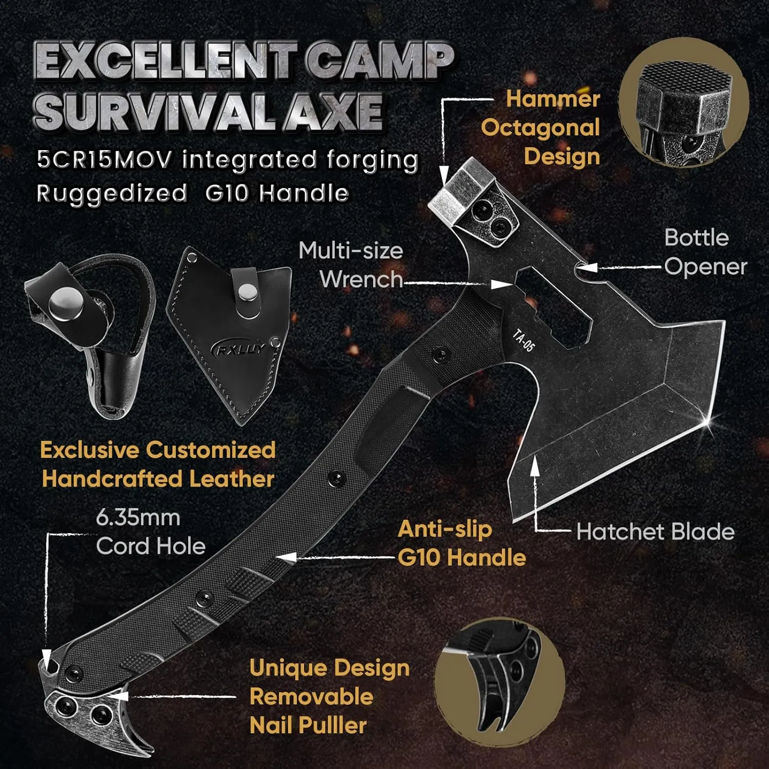 Tactical Axe with G10 Handle Camping Survival Hatchet, Multifunctional Hiking Outdoor Heavy Duty Full Tang Tomahawk Tools with Hammer, Unique Design Crowbar, Leather Sheath (Black)